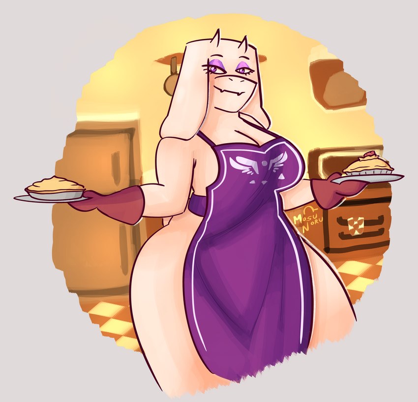 anthro apron apron_only big_breasts breasts cleavage clothed clothing eyelashes eyeshadow fangs female floppy_ears food fur gloves grey_background handwear holding_food holding_object horn lop_ears makeup mature_female pastry pie purple_apron purple_clothing purple_eyes purple_eyeshadow red_clothing red_gloves red_handwear simple_background smile solo teeth thick_thighs white_body white_fur white_horn wide_hipped_female wide_hips mosunoru undertale undertale_(series) toriel boss_monster_(undertale) bovid caprine goat mammal absurd_res hi_res