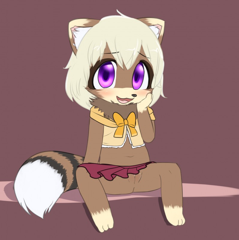 anthro blush clitoris female genitals loli navel pussy ribbons sitting solo spread_legs spreading teeth young young_anthro delicious_(artist) momo_(sirbrownbear) canid canine mammal procyonid raccoon raccoon_dog tanuki absurd_res hi_res