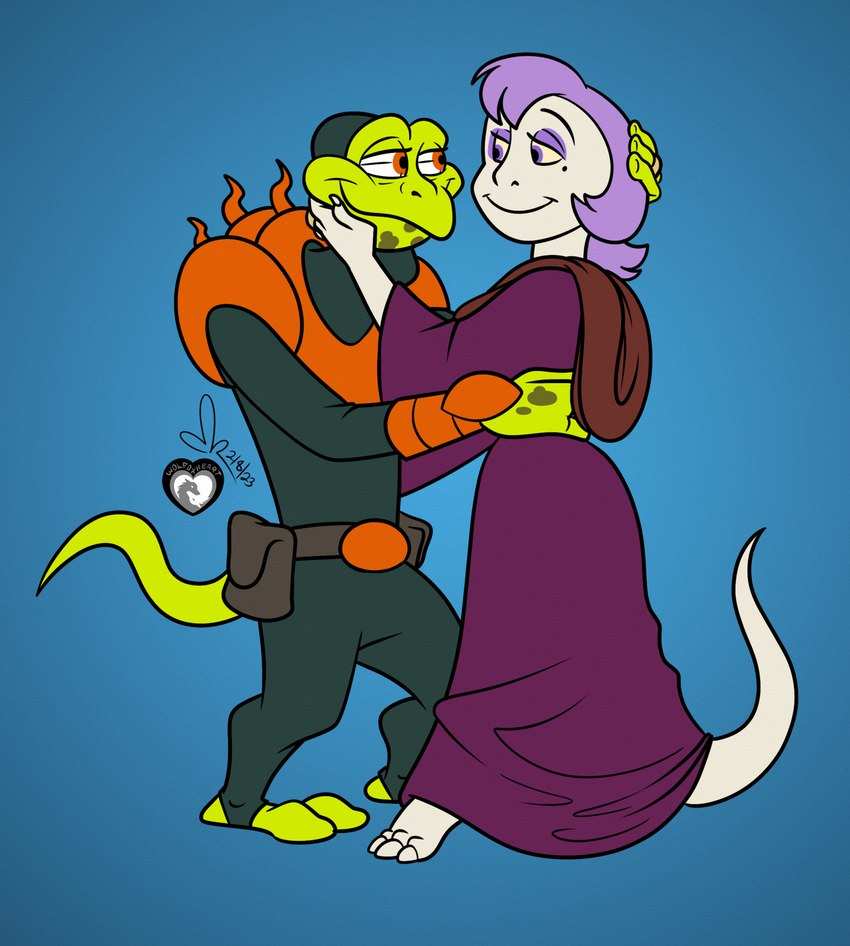 anthro canon_x_oc digit_ring duo eye_contact female green_body green_scales hair hug husband_and_wife jewelry looking_at_another love male male/female markings married_couple mole_(marking) orange_eyes purple_eyes purple_hair ring romantic romantic_couple scales smile wedding_ring white_body white_scales gepredators disney mighty_ducks chameleon_(mighty_ducks) sabrina_(kendraeevee) chameleon lizard reptile scalie saurian_(disambiguation) hi_res