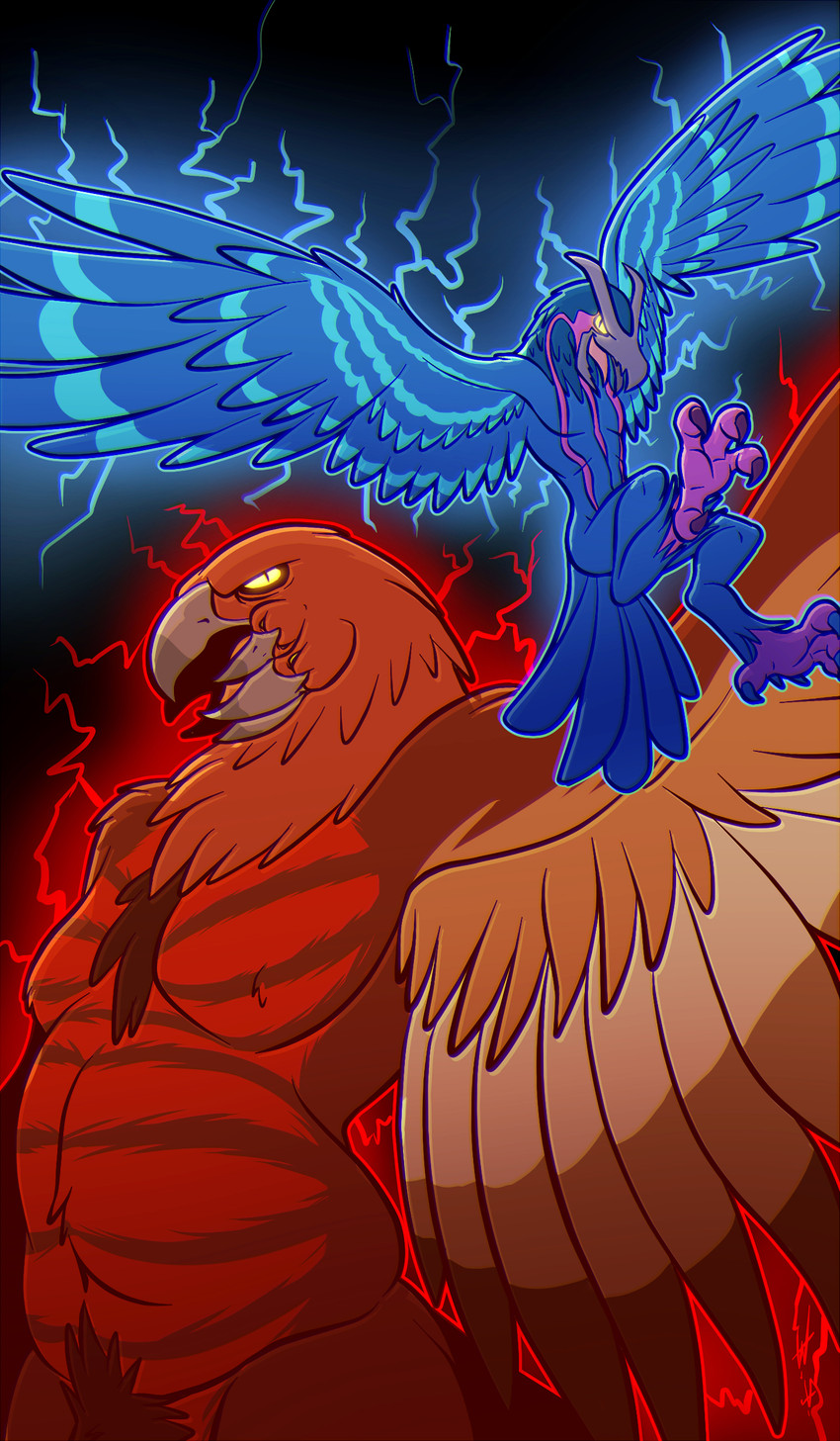 4_toes anthro anthrofied aura avian_feet beak black_background black_eyes blue_body blue_feathers blue_stripes blue_wings brown_body brown_feathers claws duo feathers feet flying glowing glowing_eyes grey_beak male nude open_mouth pink_body pink_feathers pink_stripes pupils purple_claws red_body red_feathers red_stripes simple_background slightly_chubby slightly_chubby_anthro slightly_chubby_male slit_pupils spread_wings standing striped_wings stripes talons tan_body tan_feathers toe_claws toes tongue tongue_out wings yellow_sclera bassybefuddle conditional_dnp capcom devil_may_cry devil_may_cry_5 mythology griffon_(devil_may_cry) avian demon gryphon mythological_avian mythological_creature 2020 absurd_res hi_res