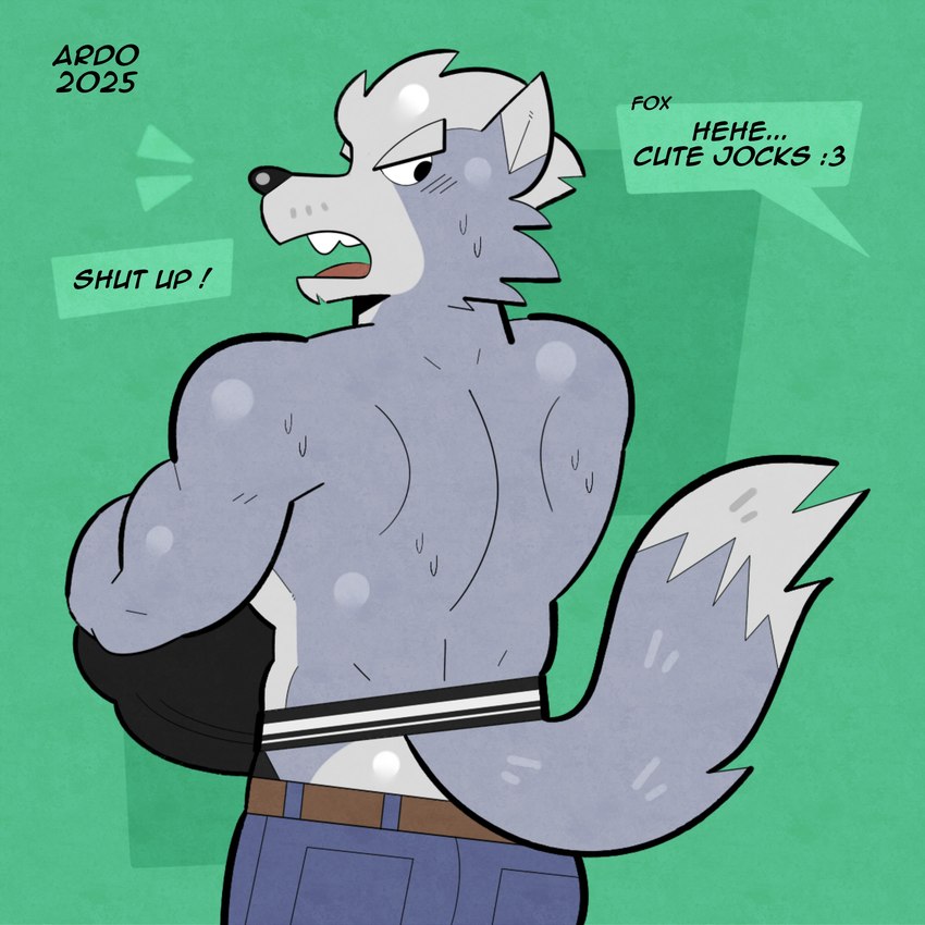 anthro back_muscles belt blush bodily_fluids bottomwear bottomwear_down clothed clothing denim denim_bottomwear denim_clothing dialogue emanata eyebrows flustered frown fur geometric_background green_background hair holding_clothing holding_object jeans jeans_down jockstrap male muscular muscular_anthro muscular_male narrowed_eyes offscreen_character open_frown open_mouth pants pants_down partially_clothed rear_view shirt simple_background solo standing sweat teeth text tongue topless topless_anthro topless_male topwear tuft underwear undressing tadaoardo nintendo star_fox wolf_o'donnell canid canine canis mammal wolf 1:1 2025 absurd_res artist_name digital_media_(artwork) english_text hi_res