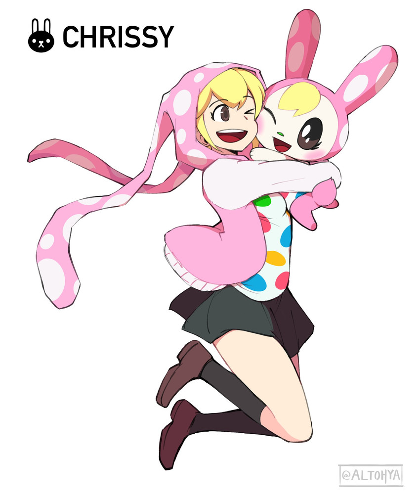 alternate_species anthro chibi clothing female hoodie hug humanized solo topwear altohya animal_crossing nintendo chrissy_(animal_crossing) human lagomorph leporid mammal rabbit absurd_res hi_res