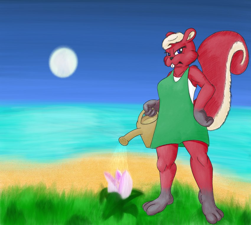 angry anthro beach blonde_hair blue_eyes clothing dress female fur gloves_(marking) grass green_clothing green_dress hair hand_on_hip leg_markings markings moon night outside plant red_body red_fur shirt shore socks_(marking) solo topwear undershirt watering_can watering_flower lendri_mujina animal_crossing nintendo shaki_(animal_crossing) mammal rodent sciurid tree_squirrel absurd_res hi_res