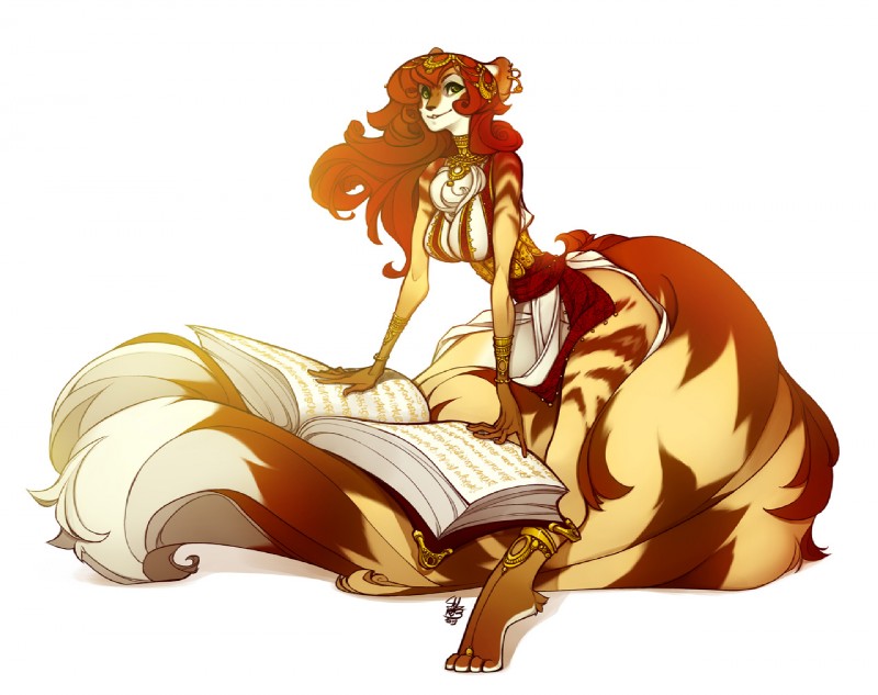 armlet big_tail book ear_piercing female green_eyes hair huge_tail jewelry long_hair looking_at_viewer piercing red_hair simple_background sitting solo stripes tail redbeanviolin felid mammal pantherine tiger 2013