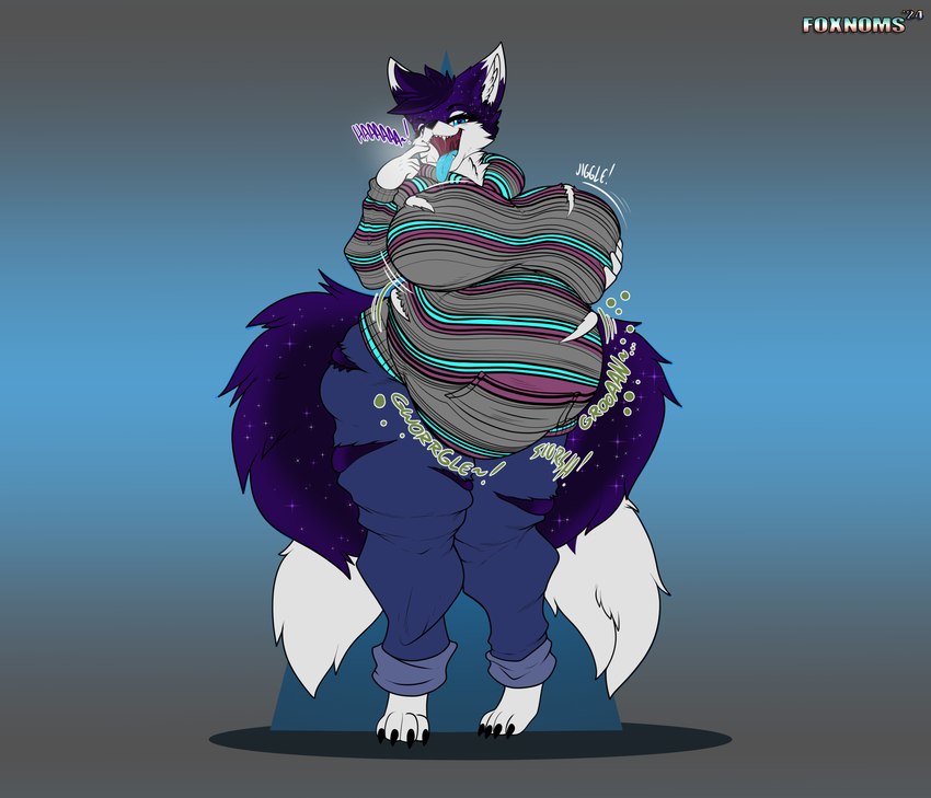 2_tails anthro anthro_pred belly big_belly big_breasts bottomwear bouncing_breasts breasts clothed clothing denim denim_bottomwear denim_clothing digestion dipstick_tail female female_pred fully_clothed fur gloves_(marking) hoodie jeans leg_markings looking_at_viewer markings multi_tail onomatopoeia open_mouth pants rumbling_stomach simple_background smile socks_(marking) solo sound_effects standing tail tail_markings text tongue tongue_out topwear torn_clothing vore weight_gain white_body white_fur foxynoms tanti canid canine fox mammal 2024 absurd_res colored digital_media_(artwork) hi_res