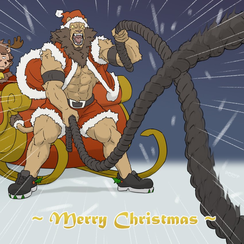 abs anthro antlers armband barazoku beard bell belt biceps big_muscles bottomwear christmas_clothing christmas_headwear clothed clothing collar duo emanata exercise facial_hair footwear fur hat headgear headwear holidays holly_(plant) horn huge_muscles male mane muscular muscular_anthro muscular_male open_clothing open_mouth open_topwear outside pecs plant roaring rope santa_hat shoes shorts sleigh snow solo_focus standing teeth text tongue topwear tuft workout butusan_p christmas mr._amino deer felid lion mammal new_world_deer pantherine reindeer 1:1 2021 english_text