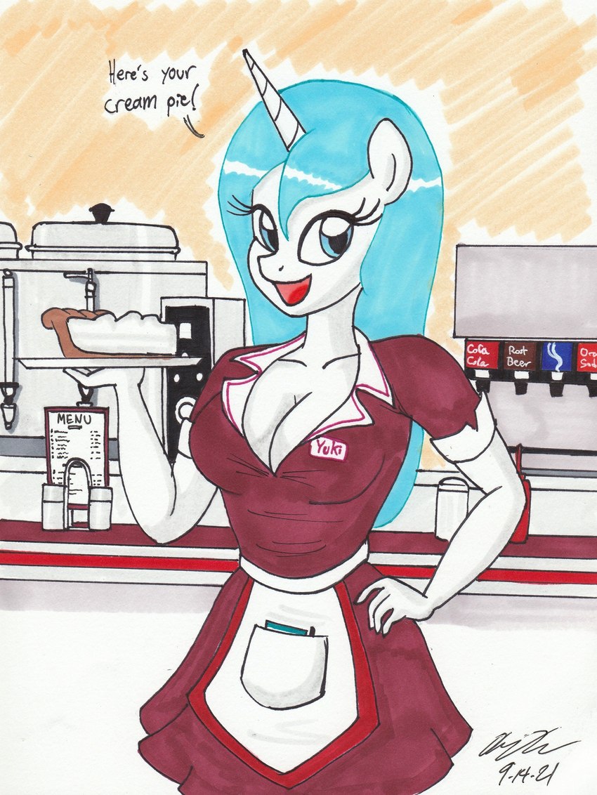 1950s_theme anthro blue_hair breasts cake cleavage clothed clothing dessert dialogue dress female food fur hair horn inside long_hair name_tag plate solo text text_on_clothing text_on_dress waitress_uniform white_body white_fur newyorkx3 hasbro my_little_pony mythology fan_character midnite_dancer equid equine mammal mythological_creature mythological_equine unicorn absurd_res english_text hi_res