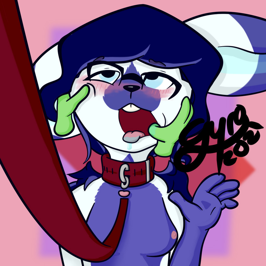 ahegao anthro blush bodily_fluids breasts collar collar_only disembodied_hand drooling duo face_squish female leash looking_pleasured mouth_play nipples nude open_mouth saliva simple_background small_breasts solo_focus squish teasing tongue tongue_out gyrodoodle frost_(gyrodoodle) lagomorph leporid mammal rabbit 1:1 hi_res