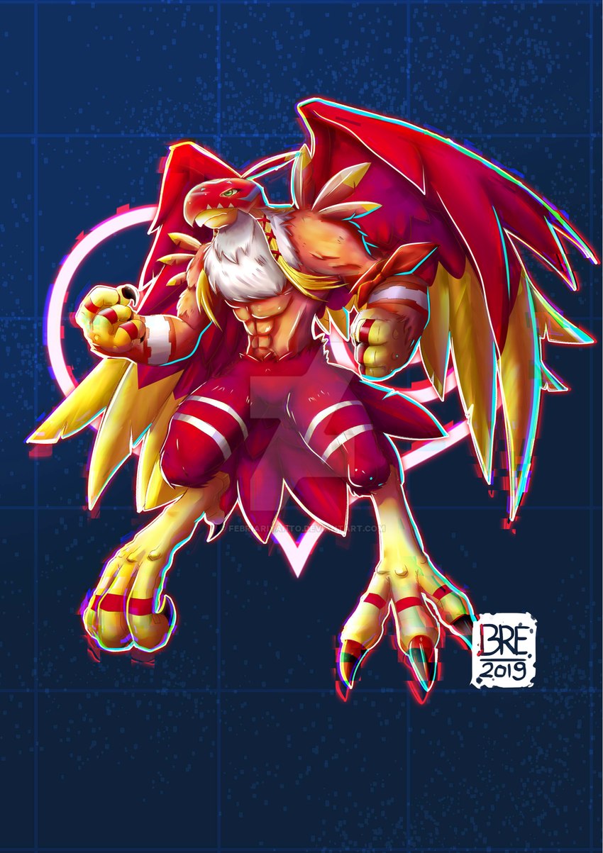 abs anthro armor beak blonde_hair claws clothing crest_of_love digimon_crest feathers fingers green_eyes hair headgear helmet kerchief male markings muscular muscular_anthro muscular_male red_body red_feathers red_markings solo symbol toe_claws tuft white_body white_feathers white_markings wings yellow_body yellow_feathers febriariyanto bandai_namco digimon avian digimon_(species) garudamon 2019 hi_res signature watermark