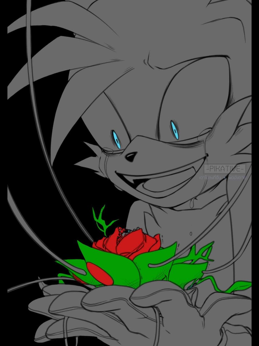 anthro blue_eyes bodily_fluids clothing crying flower gloves handwear madness male plant solo tears pikative sega sonic_the_hedgehog_(series) sonic_x cosmo_the_seedrian miles_prower canid canine fox mammal 3:4 hi_res