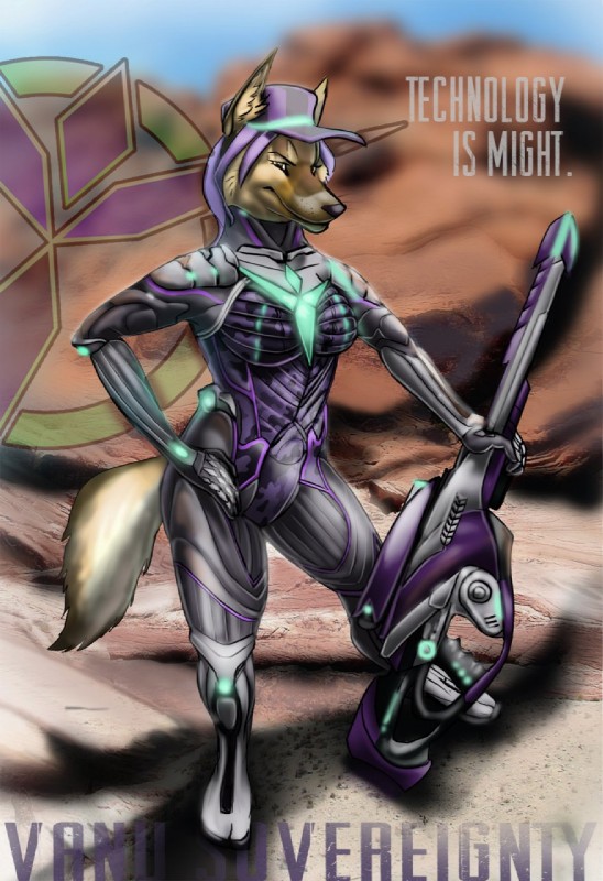 anthro armor brown_body brown_fur clothing female fur futuristic glowing gun hat headgear headwear ranged_weapon rifle science_fiction solo symbol weapon biological planetside_2 vanu_sovereignty canid canine canis mammal wolf 2014 hi_res