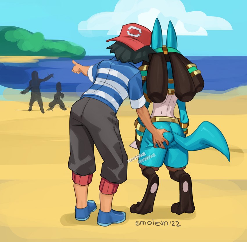 ambiguous_gender anthro beach biped butt butt_grab day duo hand_on_butt holowear_(pokemon) human_on_anthro interspecies male male/ambiguous outside pokephilia rear_view sea seaside sky squish standing water smolevn nintendo pokemon pokemon_unite ash_ketchum ruins_style_lucario generation_4_pokemon human lucario mammal pokemon_(species) hi_res shaded