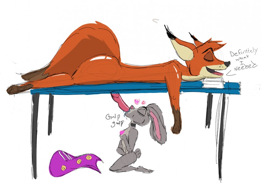 anthro fellatio female knot male male/female milking_table oral penile sex jrxt disney zootopia judy_hopps nick_wilde canid canine fox lagomorph leporid mammal rabbit red_fox true_fox hi_res