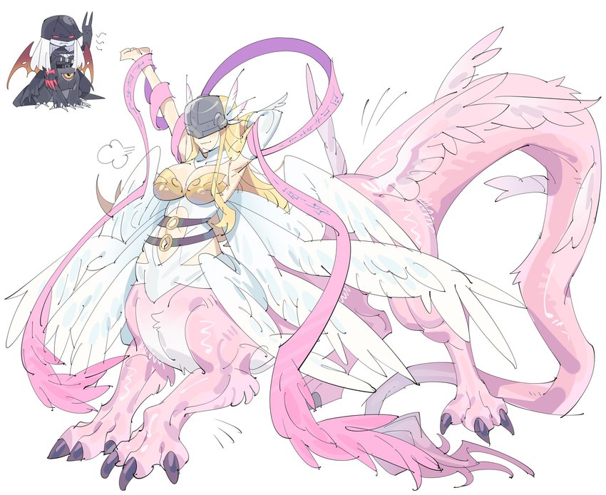 big_breasts breasts duo female multi_wing simple_background solo_focus stretching white_background wings zocehuy bandai_namco digimon angewomon deathmon digimon_(species) digimon_taur humanoid_taur ladydevimon magnadramon taur hi_res