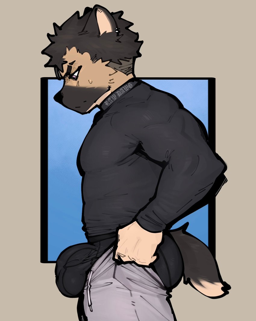 anthro balls biped bodily_fluids bottomwear brown_body bulge clothed clothing detailed_bulge genital_outline genitals grey_background half-erect looking_down male muscular pants penis penis_outline simple_background solo sweat tight_bottomwear tight_clothing tight_pants esahma tight_pants_(meme) eesahma canid canine canis domestic_dog mammal 2023 hi_res meme