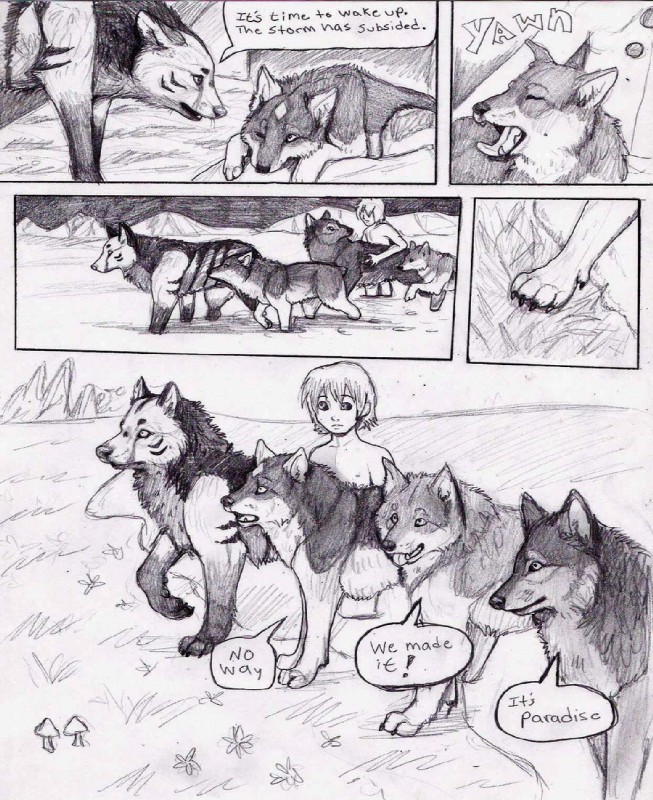 ambiguous_gender clothed clothing dialogue digitigrade feral fungus fur group male mushroom quadruped text natsumewolf rikku wolf's_rain wolf's_rain_next_generation coop_(wrng) natsume_(wrng) oz_(wrng) canid canine canis human mammal wolf comic english_text graphite_(artwork) greyscale monochrome traditional_media_(artwork)