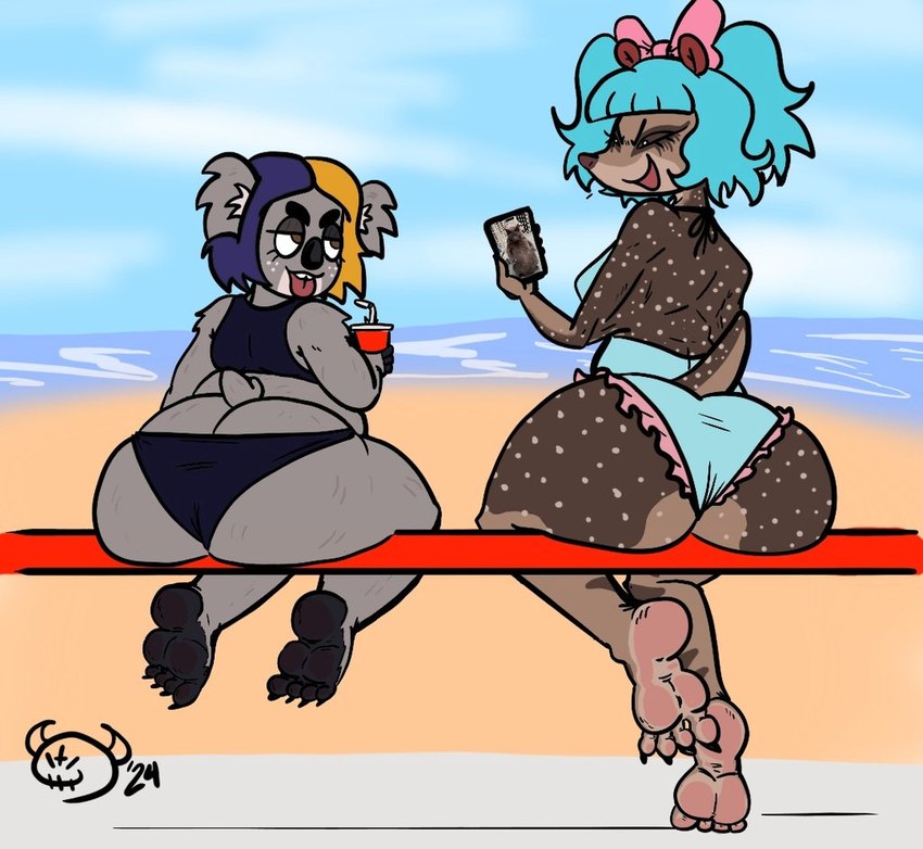 4_toes anthro beach big_butt blep blue_body blue_fur butt claws clothing countershading duo feet female fur hair markings multicolored_hair seaside sitting spots spotted_body spotted_fur swimwear toe_claws toes tongue tongue_out two_tone_hair goddgod1 sheila_koala_(blarf022) venus_von_colugo_(blarf022) colugo koala mammal marsupial vombatiform 2024