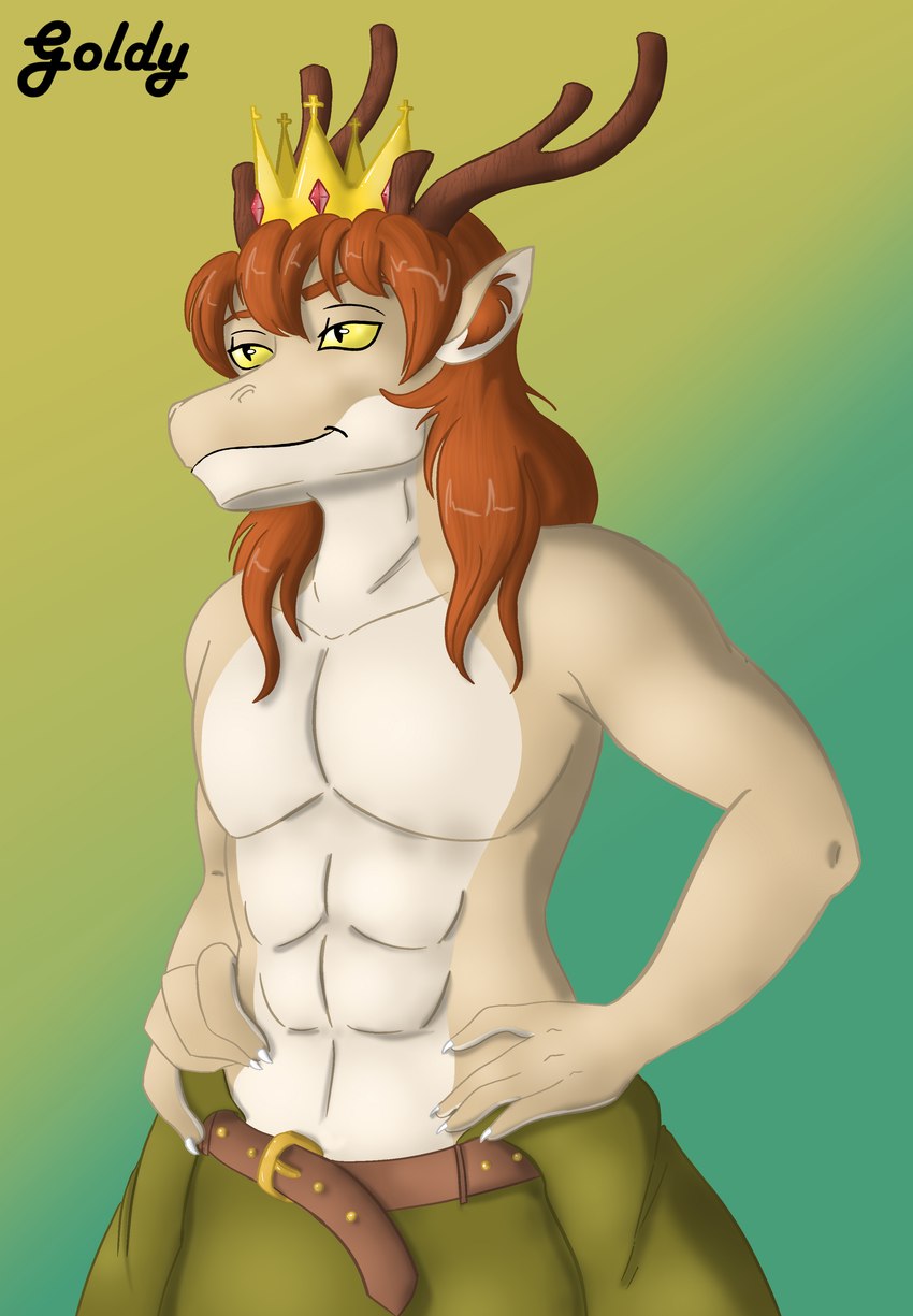 abs anthro antlers athletic athletic_male bare_chest belt claws crown hands_on_hips headgear horn male mane medieval medieval_clothing muscular muscular_male pecs prince royalty shirtless solo goldyoldie mythology prince_borgon dragon mythological_creature mythological_scalie scalie absurd_res hi_res sketch