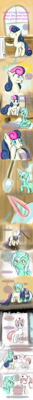 bed cleaning_tool cutie_mark female feral furniture horn mop nurse quadruped red_cross tail text wet_head wounded gunslingerpen friendship_is_magic hasbro my_little_pony mythology bonbon_(mlp) lyra_heartstrings_(mlp) nurse_redheart_(mlp) earth_pony equid equine horse mammal mythological_creature mythological_equine pony unicorn absurd_res comic english_text hi_res long_image tall_image