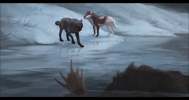 ambiguous_gender black_border black_nose border brown_body brown_fur detailed_background feral fur grey_body grey_fur group paws water yellow_eyes oneminutesketch mood canid canine canis deer mammal moose new_world_deer wolf 2019 digital_media_(artwork)