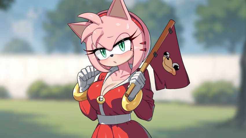 anthro blurred_background breasts cleavage clothed clothing collarbone female fur pink_body pink_ears pink_fur red_clothing solo drunk_oak sega sonic_the_hedgehog_(series) ugandan_knuckles amy_rose eulipotyphlan hedgehog mammal 16:9 2023 hi_res meme widescreen