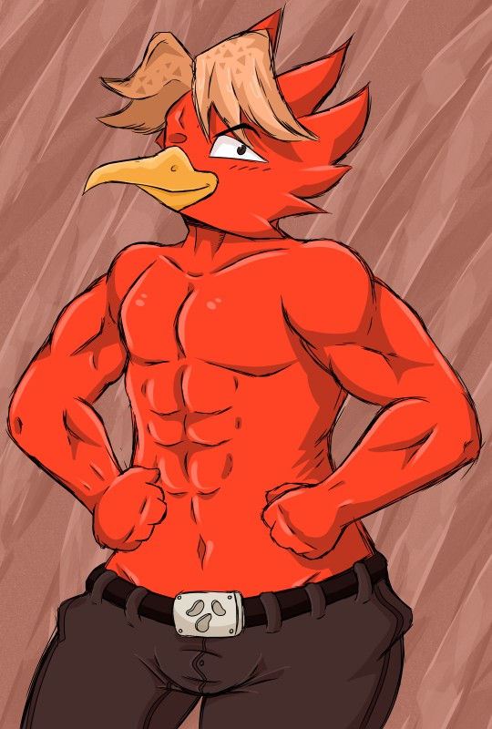 anthro barazoku beak belt blonde_hair bottomwear clothed clothing flexing hair male muscular muscular_anthro muscular_male pants partially_clothed simple_background smile smirk solo topless salamikii mischief_makers treasure_(game_developer) merco_(mischief_makers) avian bird absurd_res hi_res