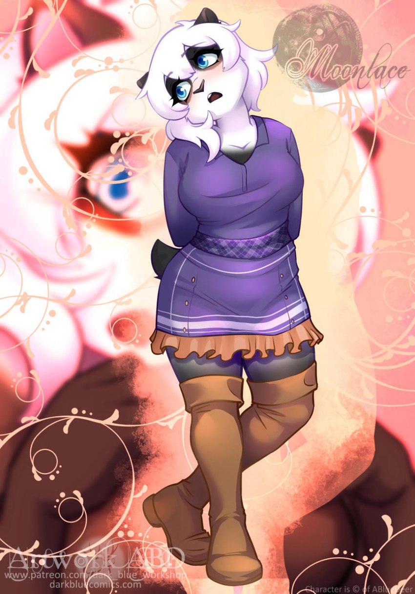 abstract_background anthro black_body black_fur black_nose blue_eyes blush boots bottomwear breasts clothed clothing collarbone dress female footwear fur hair hands_behind_back legwear miniskirt shoes short_hair skirt solo thigh_boots thigh_highs white_body white_fur white_hair abluedeer moon_lace lin_(abluedeer) bear giant_panda mammal hi_res