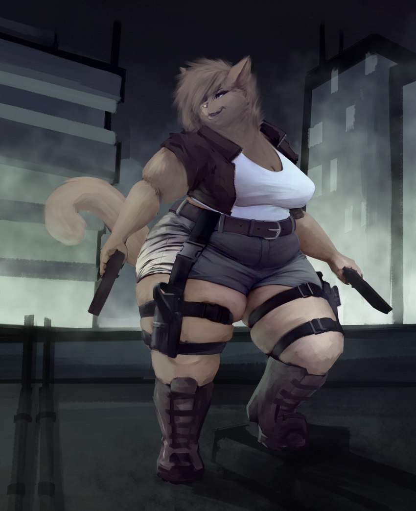 anthro belly belly_outline belly_overhang belt big_breasts boots bottomwear breasts city city_background clothed clothing denim denim_bottomwear denim_clothing denim_shorts detailed_background fat_arms fat_legs female fingers footwear fur grey_body grey_fur grey_hair gun hair handgun holding_gun holding_handgun holding_object holding_pistol holding_ranged_weapon holding_weapon holster jacket looking_aside overweight overweight_anthro overweight_female pistol pistol_holster ranged_weapon shirt shoes shorts skindentation solo standing step_pose thick_thighs tight_clothing topwear weapon silverfang725 anna_mercury domestic_cat felid feline felis mammal 2020 clip_studio_paint_(artwork) digital_media_(artwork) hi_res shaded