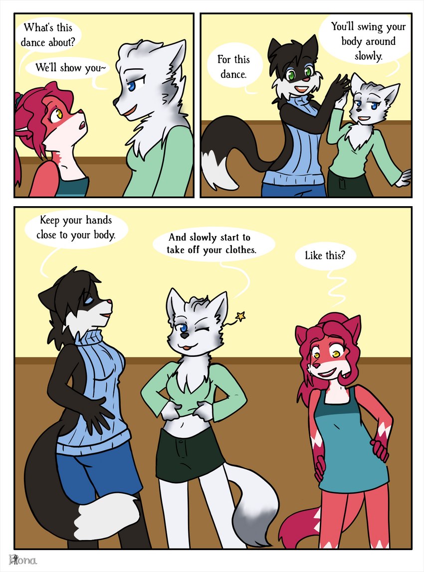 3_panel_comic anthro clothing dancing female female/female group midriff navel text trio undressing young young_anthro fiona_(artist) colleen_(masterofall) shey_(thewrittenvixen) viola_(masterofall) canid canine domestic_cat felid feline felis fox mammal marble_fox red_fox true_fox comic english_text hi_res aunt_(lore) aunt_and_niece_(lore) niece_(lore)