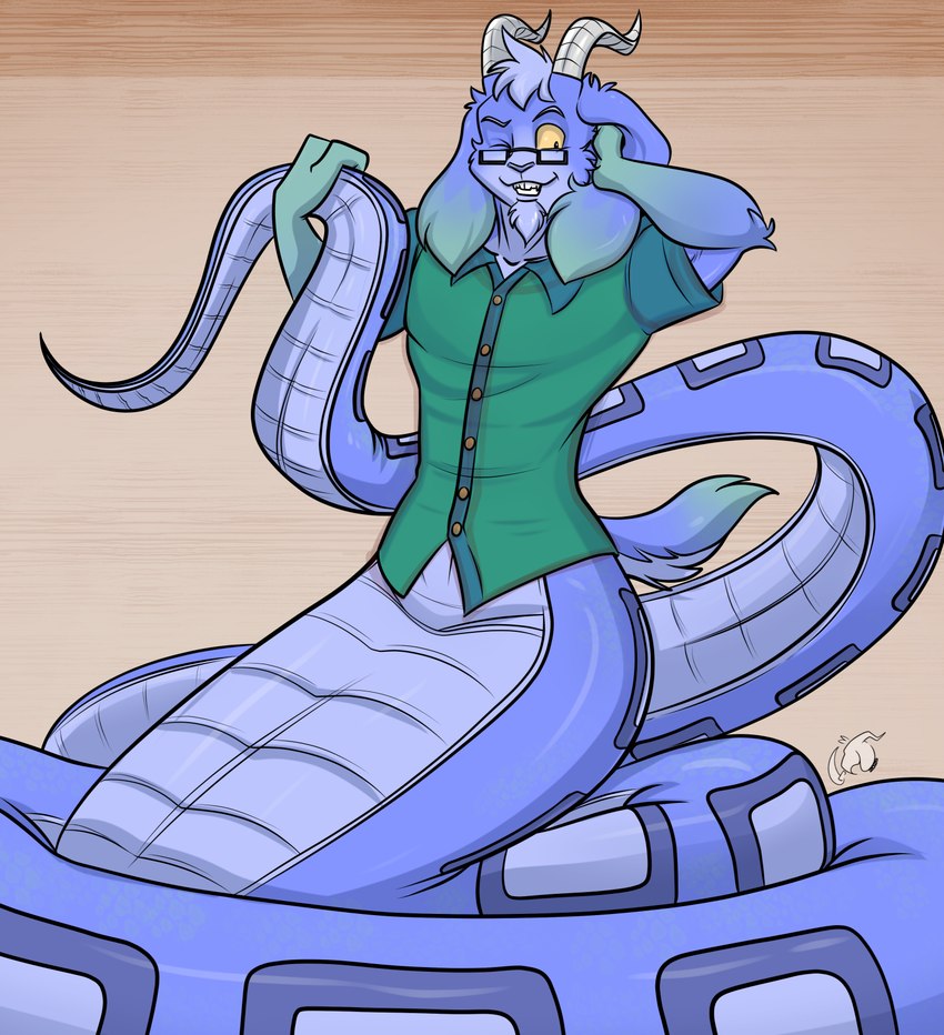 apode blue_body blue_fur clothing fur green_body green_clothing green_fur green_shirt green_topwear legless male scales serpentine shirt split_form topwear stogiegoatarts boa_(snake) bovid caprine draconcopode goat lamia mammal reptile scalie snake hi_res