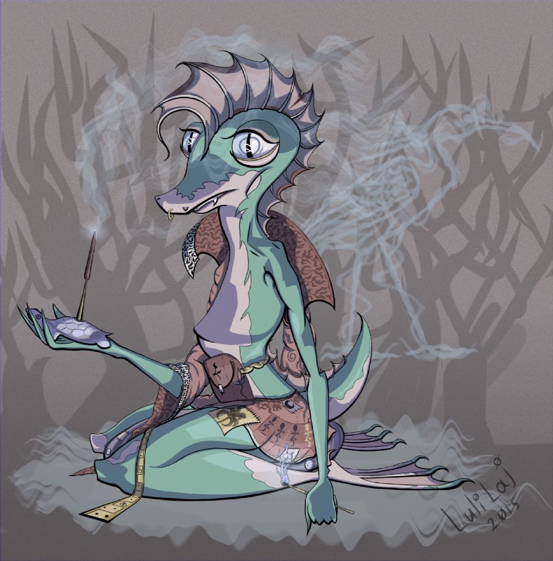 ambiguous_gender anthro biped clothing incense piercing sitting solo lulilaj lizard reptile scalie hi_res