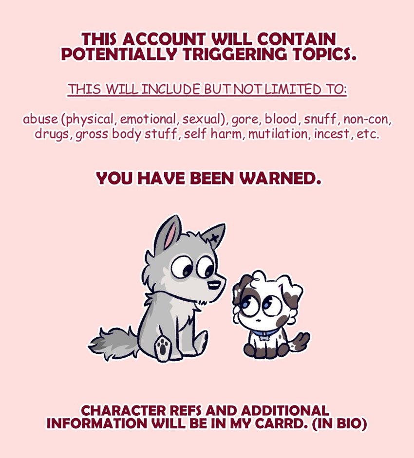 age_difference ambiguous_gender blue_collar blue_eyes bone_collar_tag brown_body brown_fur collar collar_tag content_warning countershade_fur countershading duo ear_piercing feral floppy_ears fur grey_body grey_fur looking_at_another mottled pawpads piercing pink_background pointy_ears prick_ears quadruped simple_background sitting tail text white_body white_fur young young_ambiguous young_feral spudnikmutt rookie_(spudnikmutt) spudnik_(spudnikmutt) canid canine canis chihuahua domestic_dog hybrid mammal mixed_breed toy_dog wolf wolfdog digital_media_(artwork) english_text adult_(lore) male_(lore)