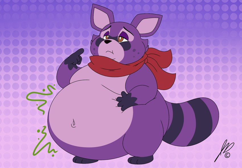 anthro belly big_belly blueberry_inflation hand_on_belly huge_belly kerchief male markings narrowed_eyes navel obese overweight overweight_anthro overweight_male purple_body solo striped_markings striped_tail stripes tail tail_markings jouigidragon indigo_park rambley_raccoon mammal procyonid raccoon 2024 hi_res