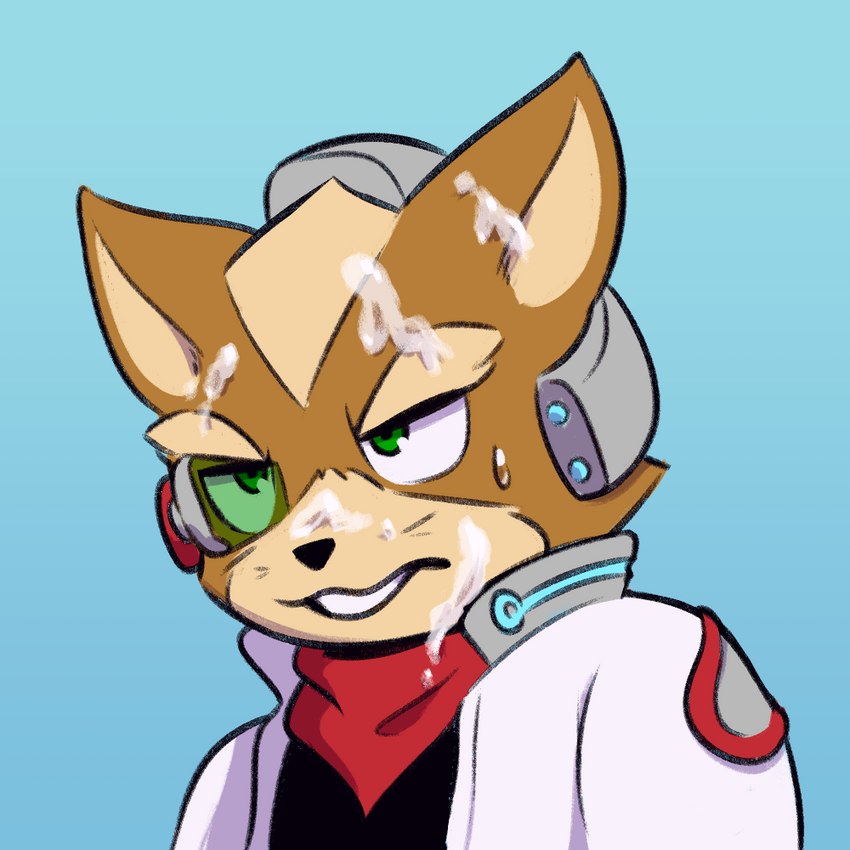 annoyed anthro bodily_fluids brown_body brown_fur clothed clothing cum cum_on_face fur genital_fluids green_eyes male open_mouth simple_background solo text missmccloud nintendo star_fox super_smash_bros. fox_mccloud canid canine fox mammal 1:1 translated