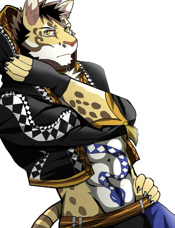 abs anthro claws clothed clothing countershading fur male simple_background solo spots tattoo bearlovestiger13 nekojishi studio_klondike likulau clouded_leopard felid mammal pantherine 2017 hi_res