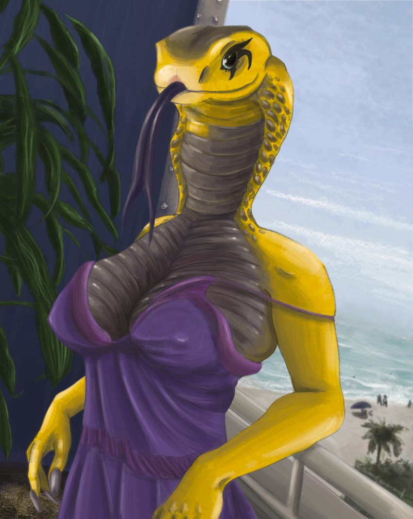 anthro balcony beach big_breasts breasts clothing dress female gown leaf looking_at_viewer makeup nails nipples non-mammal_breasts palm_tree plant rest sea seaside solo tree water vandclash amunet_samarensis cobra reptile scalie snake cloudy_(disambiguation) absurd_res hi_res