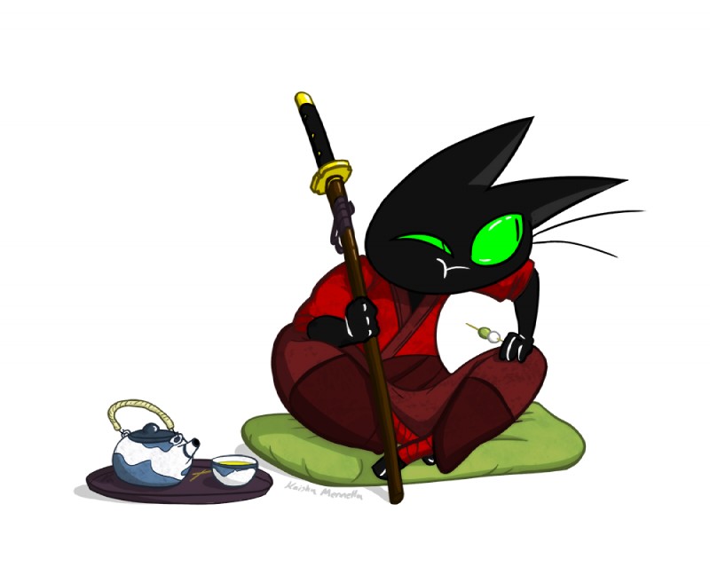 beverage black_body black_fur eating fur green_eyes male melee_weapon pillow samurai sitting solo sword tea tea_kettle warrior weapon parker_simmons cartoon_network mao_mao:_heroes_of_pure_heart sheriff_mao_mao_mao domestic_cat felid feline felis mammal official_art