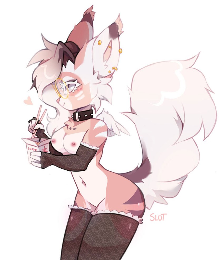 anthro clothing collar ear_piercing ear_ring eyewear female food fur glasses gloves hair handwear industrial_piercing legwear piercing pink_body pink_fur ring_piercing solo thigh_highs white_hair wings third-party_edit typh typhslut canid canine fox mammal