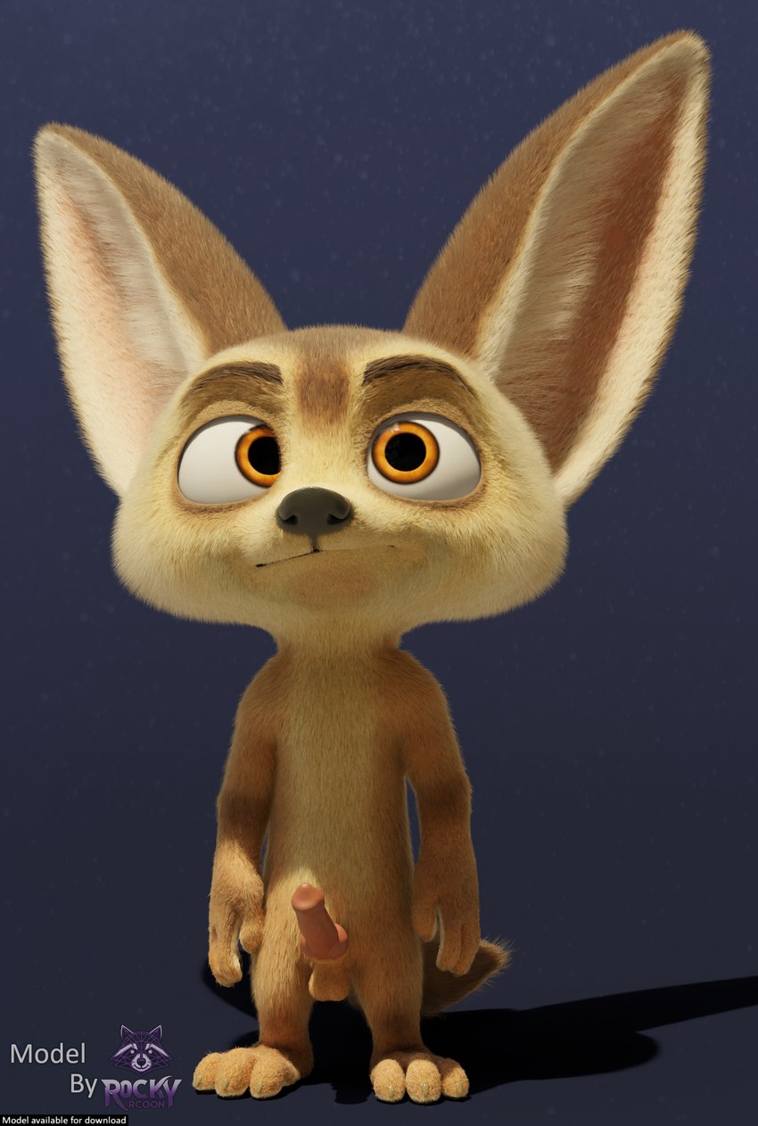 3_toes 4_fingers animal_genitalia anthro balls big_ears black_nose canine_genitalia claws erection eyebrows feet fingers fluffy fluffy_tail fur genitals looking_up male mouth_closed on_model orange_eyes paws penis pink_penis simple_background solo standing tail tan_body text toes rockyrcoon disney zootopia finnick_(zootopia) canid canine fennec_fox fox mammal true_fox 3d_(artwork) blender_(artwork) digital_media_(artwork) english_text hi_res watermark