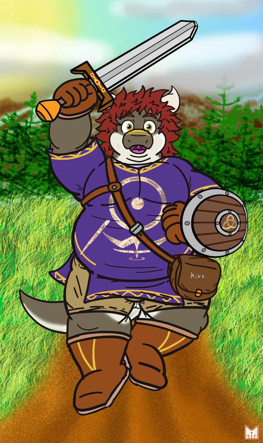 anthro bag boots buckler clothing footwear hair horn jumping male melee_weapon overweight overweight_male red_hair shield shoes slightly_chubby slightly_chubby_male solo sword tail weapon red_panda_mirr mythology kirr_(red_panda_mirr) dragon mythological_creature mythological_scalie scalie absurd_res hi_res