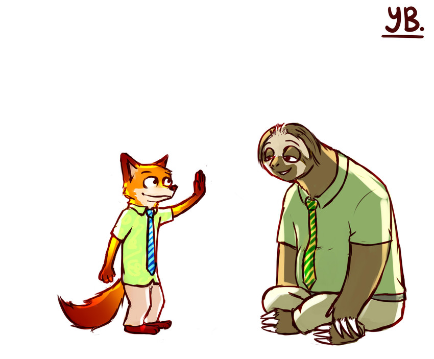 anthro bottomwear brown_body brown_fur clothed clothing duo fully_clothed fur necktie orange_body orange_fur pants shirt simple_background sitting topwear white_background yibsy disney zootopia flash_slothmore nick_wilde canid canine fox mammal pilosan red_fox sloth three-toed_sloth true_fox xenarthran 2017 comic hi_res