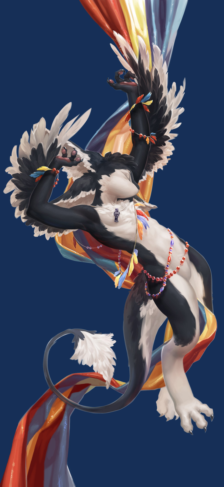 3_fingers 3_toes 4_ears accessory ambiguous_gender anthro arms_above_head beaded_jewelry beads black_body black_claws black_feathers black_finger_claws black_fur black_tail black_toe_claws bracelet chest_tuft claws countershading curtains digitigrade eyes_closed feather_accessory feathered_wings feathers featureless_crotch feet fingers fur glistening glistening_body hair jewelry midair mouthless multi_ear multicolored_body multicolored_feathers multicolored_fur necklace nude pawpads paws raised_arms simple_background smile solo tail tail_tuft text toe_claws toes transparent_background tuft tufted_fur two_tone_body two_tone_fur white_body white_feathers white_fur winged_arms wings nnn0nnn0764 fyr_(fenrir784) avali avian bird 2025 absurd_res alpha_channel colored digital_drawing_(artwork) digital_media_(artwork) english_text full-length_portrait hi_res portrait shaded signature wallpaper maleherm_(lore)
