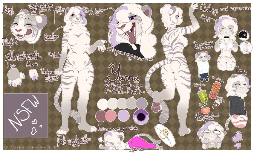 4_toes 5_fingers anthro biped bottomwear bra breasts butt claws clothed clothed_anthro clothed_female clothing eyes_closed featureless_breasts featureless_crotch feet female finger_claws fingers front_view fur hair handpaw legwear looking_at_viewer lying markings nude nude_anthro nude_female on_front panties pants pawpads paws purple_eyes rear_view side_view smile solo standing striped_body striped_fur striped_markings striped_tail stripes sweater tail tail_markings text thigh_highs toes topwear underwear white_body white_fur white_hair white_tail monstercheetah yunna_(monstercheetah) felid mammal pantherine tiger 2025 absurd_res digital_media_(artwork) english_text hi_res model_sheet