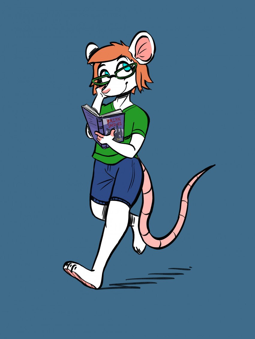 3_toes anthro barefoot blue_eyes book bottomwear clothing feet female fur hair reading red_hair shirt shorts smile solo t-shirt toes topwear walking white_body white_fur fennicthefox redwall occam_(character) mammal mouse murid murine rodent 3:4 hi_res