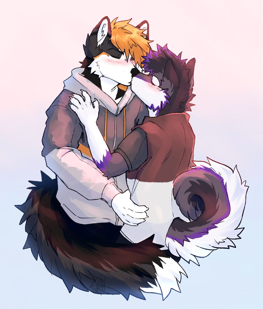 anthro black_body black_fur blue_background clothing duo flushed fur gradient_background holding_belly jacket kemono kiss_on_lips kissing love male male/male orange_body orange_fur pink_background purple_body purple_fur raised_tail romantic romantic_couple shirt simple_background t-shirt tail topwear xingiro foxie_(just_a_foxie) tvorsky canid canine canis domestic_dog fox husky mammal nordic_sled_dog siberian_husky spitz 2022 absurd_res colored half-length_portrait hi_res portrait