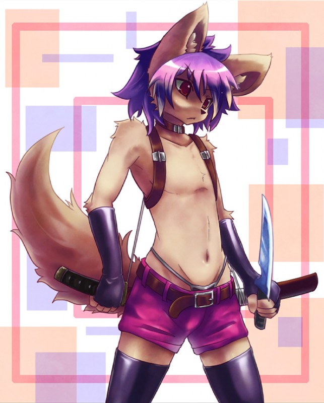 :< absolute_territory abstract_background anthro armwear belt big_ears big_eyes biped black_nose bottomwear brown_eyes clothed clothing collar crossdressing elbow_gloves femboy fingerless_gloves fur gloves hair handwear holding_melee_weapon holding_object holding_sword holding_weapon inner_ear_fluff katana kemono knife legwear male melee_weapon navel panties panty_peek purple_hair scabbard sheathed_weapon short_hair shorts simple_background solo standing sword tan_body tan_fur thigh_highs thong topless tuft underwear weapon kemorate canid canine canis mammal wolf 2011 digital_media_(artwork)