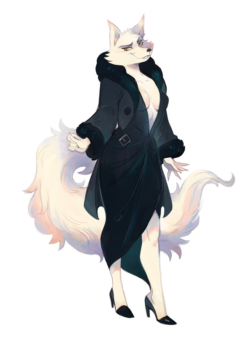 anthro black_clothing black_dress breasts cheek_tuft classy claws cleavage clothed clothing cocky cocky_smile dress facial_tuft female fluffy fluffy_tail footwear fur fur_coat high_heels looking_at_viewer low_cut_dress shoes solo tail tuft white_body white_fur yellow_eyes drkav aria_serizawa canid canine fox mammal absurd_res hi_res