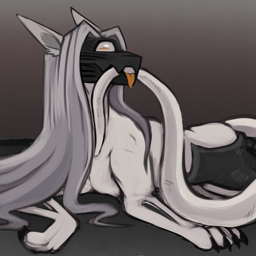 ambiguous_gender black_claws claws feral grey_hair hair lying on_front orange_tongue simple_background solo tail tongue white_body white_ears white_inner_ear white_tail acidic talyxian_stalker 1:1