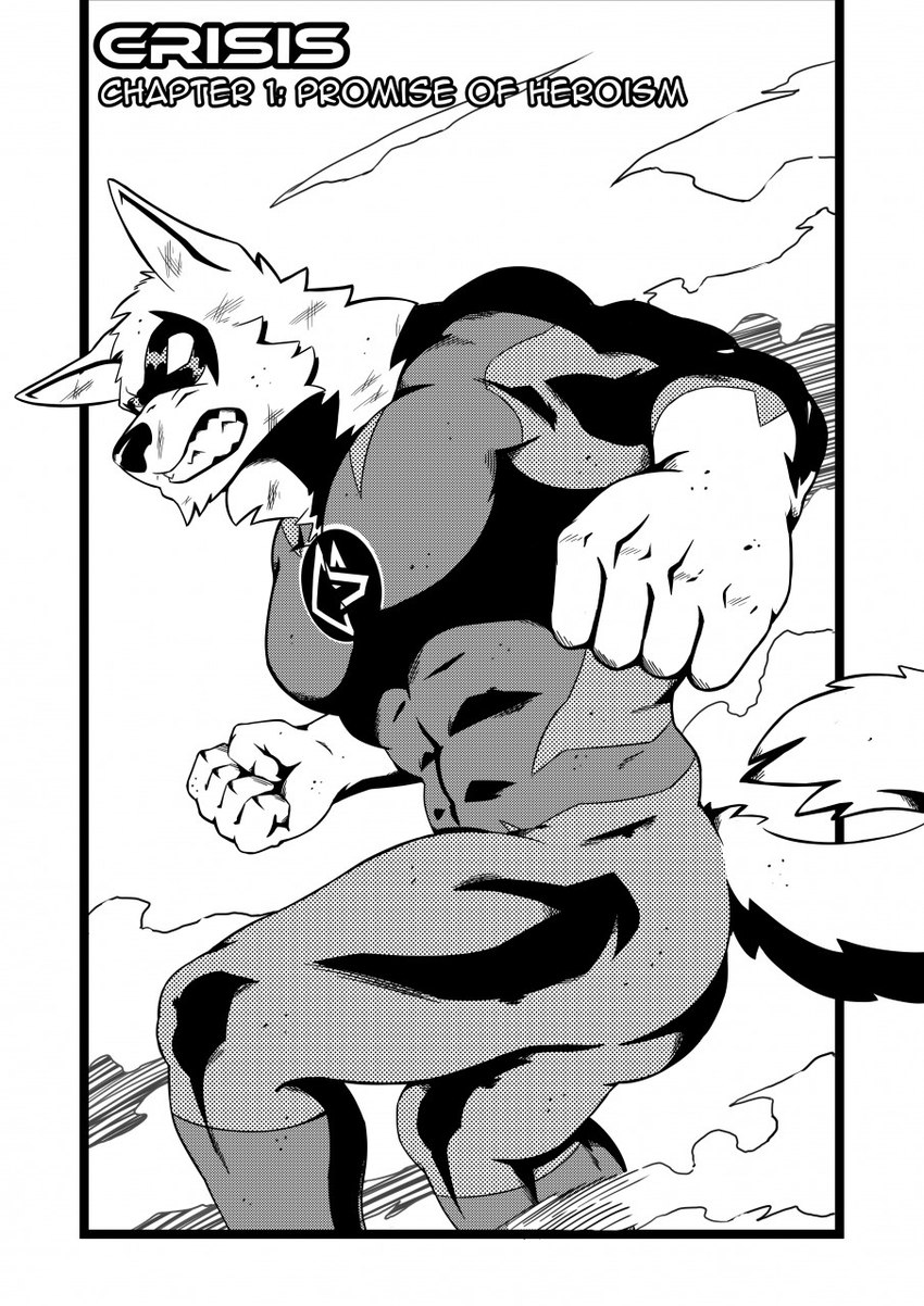 anthro bruised clenched_teeth clothing crisis_ch1 dust_cloud intro_panel latex latex_clothing latex_skinsuit male mask muscular skinsuit solo superhero teeth text tight_clothing samaraka cobalt_beast canid canine canis mammal wolf black_and_white comic hi_res monochrome