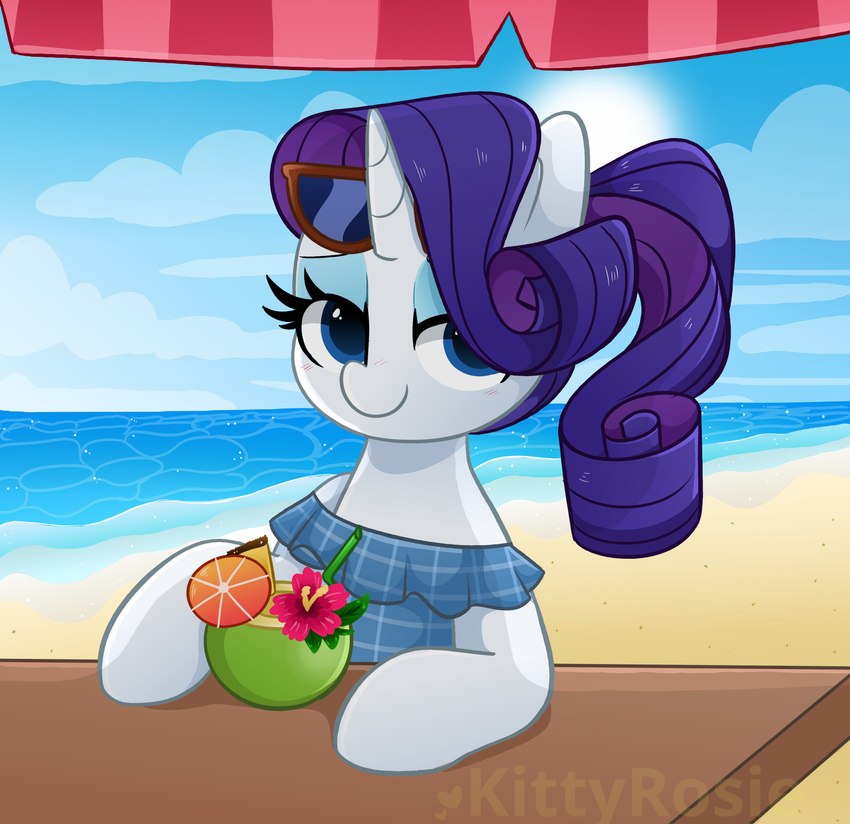 beach blue_eyes clothing dress eyeshadow eyewear eyewear_on_head female feral furniture glasses glasses_on_head hair horn looking_at_viewer makeup outside purple_hair quadruped sand seaside sitting solo table water white_body kittyrosie friendship_is_magic hasbro my_little_pony mythology rarity_(mlp) equid equine horse mammal mythological_creature mythological_equine pony unicorn 2021 absurd_res hi_res